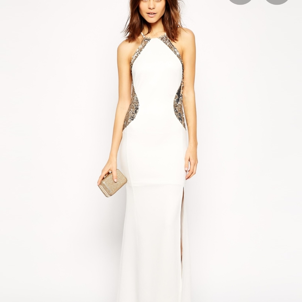 White Midi Dress Gold Sequin Detail